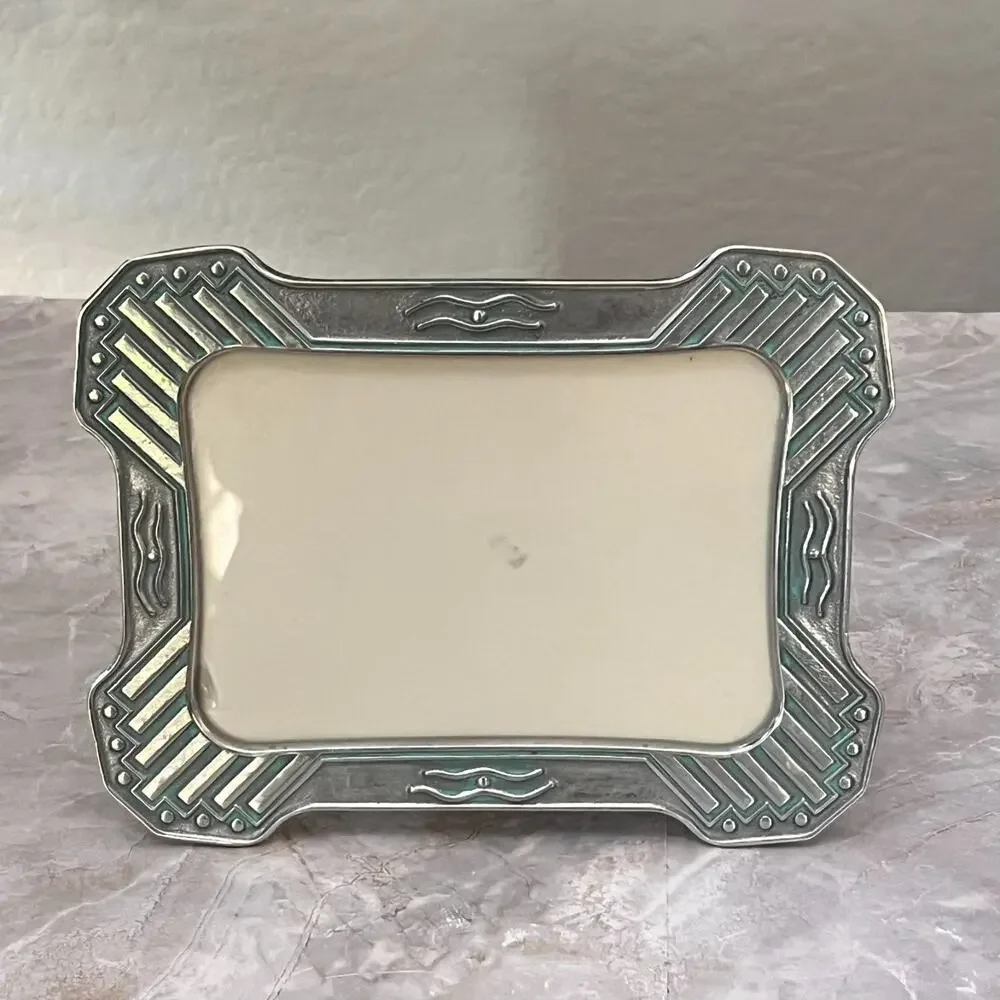 Vintage Silver Toned Picture Frame 4.5 x 6.5 in Aqua Accents Textured Easel Back